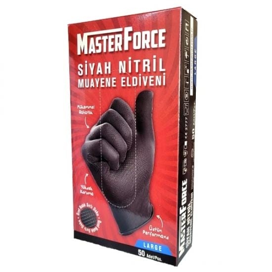 MasterForce Siyah Nitril Muayene Eldiveni 50’li